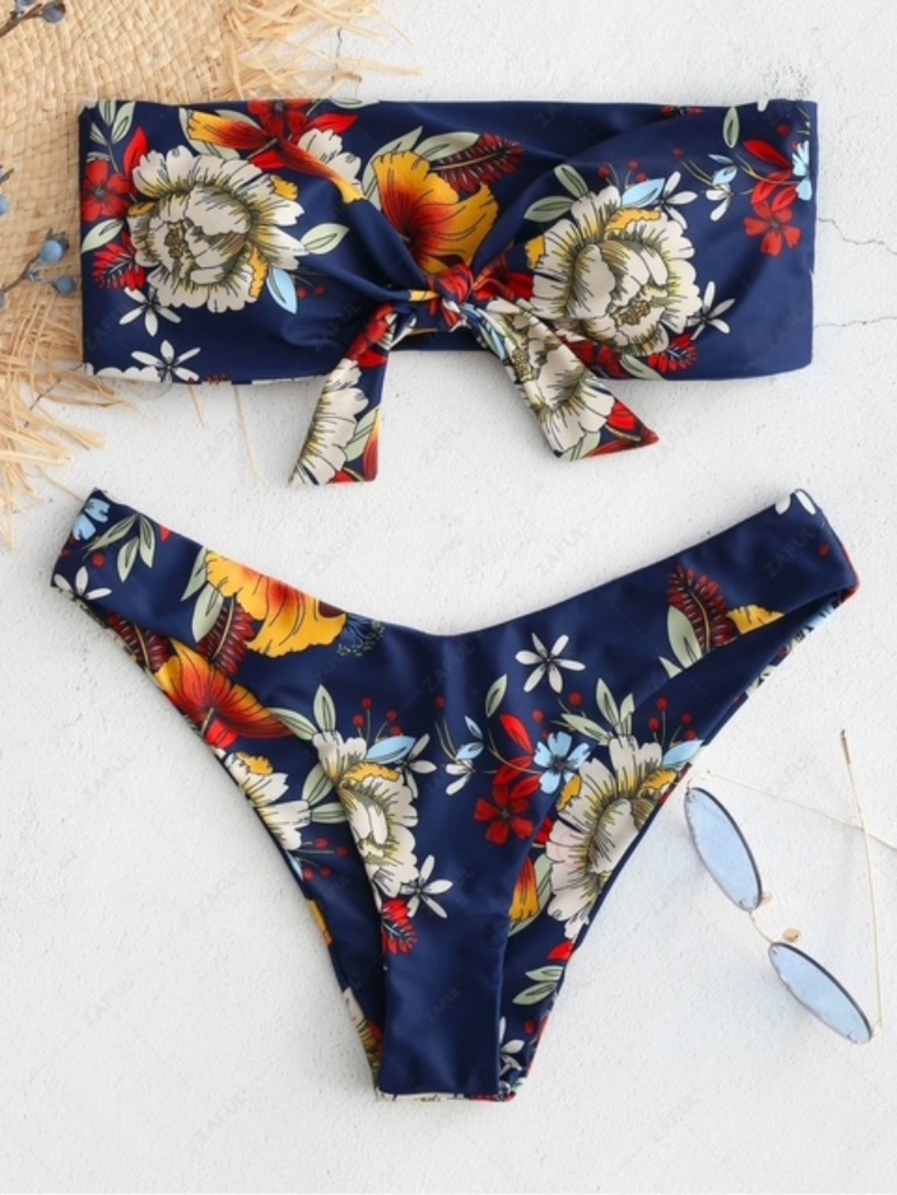 ZAFUL Knot Floral Bandeau Bikini Set - Lapis Blue - Size Medium (runs small)
